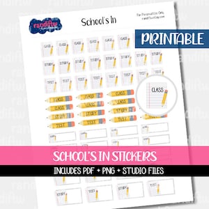 May include: Printable school themed stickers with yellow pencils and the words "Class", "Study", and "Test" on white paper with blue lines. The stickers are in a variety of sizes and shapes. The text "School's In Stickers" is at the bottom of the page.