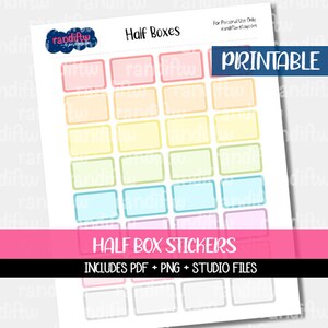 May include: Printable sheet of half box stickers in a rainbow of colors. The sheet includes 24 half boxes with white outlines. The text "Half Boxes" and "Printable" are at the top of the sheet. The text "HALF BOX STICKERS" and "INCLUDES PDF + PNG + STUDIO FILES" are at the bottom of the sheet.