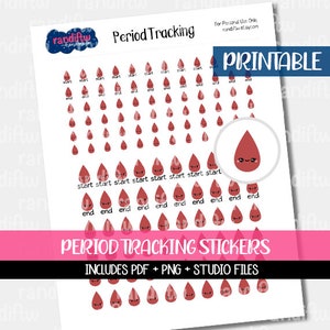 Periodetracker plannerstickers | Kawaii bloeddruppelpictogrammen | Afdrukbare digitale pdf-pdf, png | Menstruatiecyclusplanner | Compatibel met Goodnotes