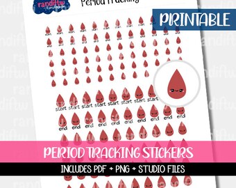 Op de afbeelding: Printbare menstruatietracking stickers met schattige rode bloeddruppel illustraties. Elke sticker heeft een andere gezichtsuitdrukking en zegt "start" of "einde". De tekst "Menstruatietracking stickers" en "Bevat PDF + PNG + Studio bestanden" is ook inbegrepen.