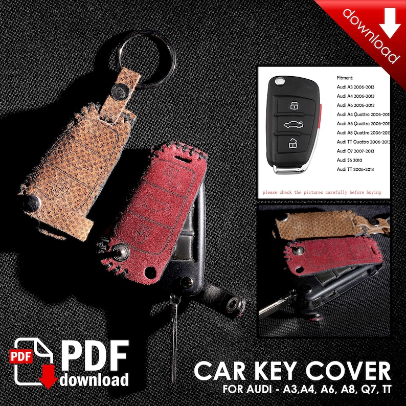 May include: Two leather key covers for Audi vehicles. The covers are brown and red and have a stitched edge. The key covers are shown next to a black Audi key fob. The image includes text that lists the Audi models that the key covers are compatible with.