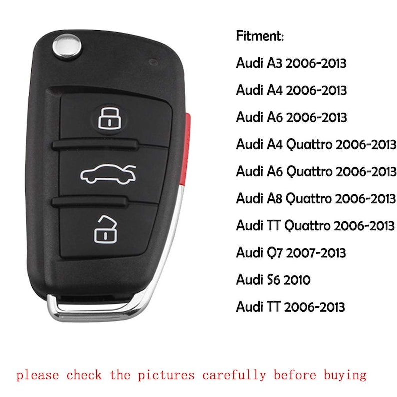 May include: Black car key fob with four buttons. The buttons have icons for lock, unlock, trunk, and a car silhouette. The key fob has a red accent on the side. The text "Fitment:" is listed with a list of Audi models and years.