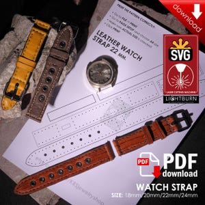 Watch Strap Band Guide Set - 18mm 20mm 22mm 24mm - PDF Leather pattern - SVG file for Lighburn, xTool, Glowforge - For Laser cutter
