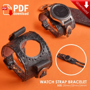 May include: Black leather watch strap bracelet with a decorative design. The strap is adjustable and comes in three sizes: 20mm, 22mm, and 24mm.