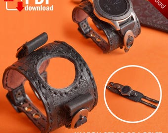 May include: Black leather watch strap bracelet with a decorative design. The strap is adjustable and comes in three sizes: 20mm, 22mm, and 24mm.