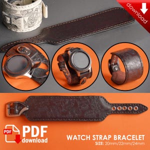 Puede incluir: Un patrón de brazalete de reloj de cuero marrón para descargar en PDF. El brazalete se muestra en tres tamaños diferentes: 20 mm, 22 mm y 24 mm. El patrón incluye instrucciones para hacer el brazalete.