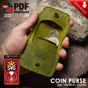 May include: A green leather coin purse with a flap and a snap closure. The purse is 5.6 inches by 3 inches and is made by KRS Leather Goods.