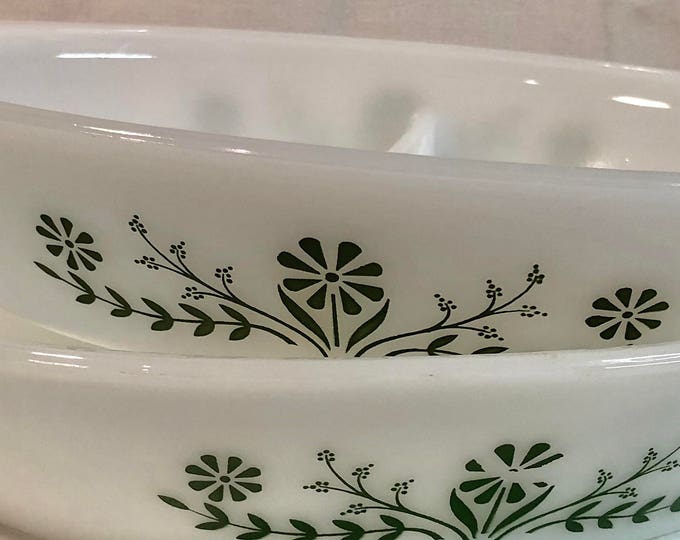 McKee Glasbake Divided Serving Bowls Green Floral Set of Two