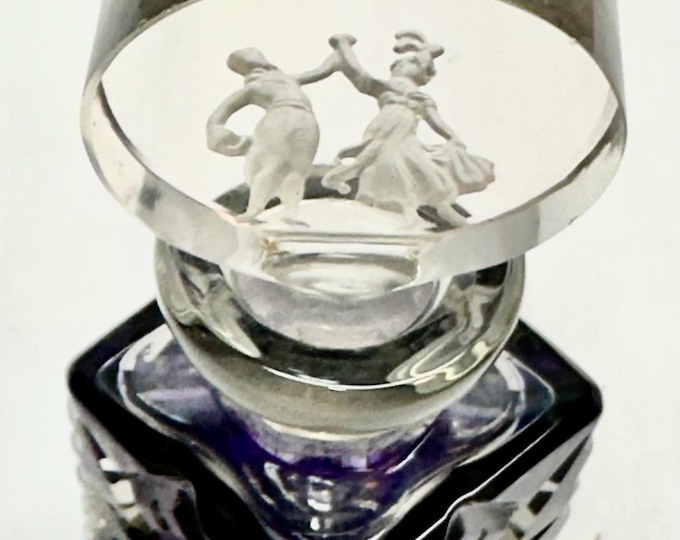 Vintage Smoked Glass Pedestal Perfume Bottle with Dancing Couple Stopper