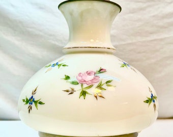Vintage White Glass Table/Accent Electric Hurricane Lamp with Floral Design and Gold Metal Accents