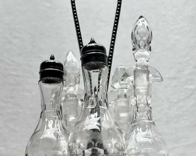 Antique Victorian Cruet Serving Set, Silver Plated Carrier with Five Etched Glass Bottles, Simpson Hall and Miller & Co, Quad Plate 110