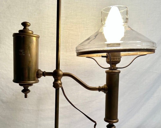 Vintage Brass/Glass Electric Oil Student Lamp with Clear Glass Shade
