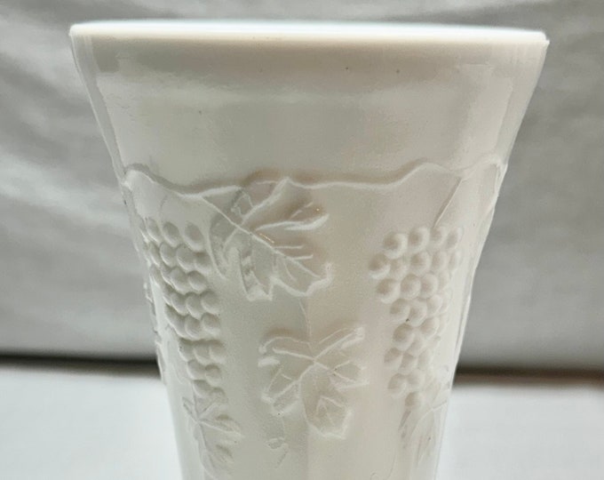 Vintage White Milk Glass Vase Grapevine and Leaves Pattern