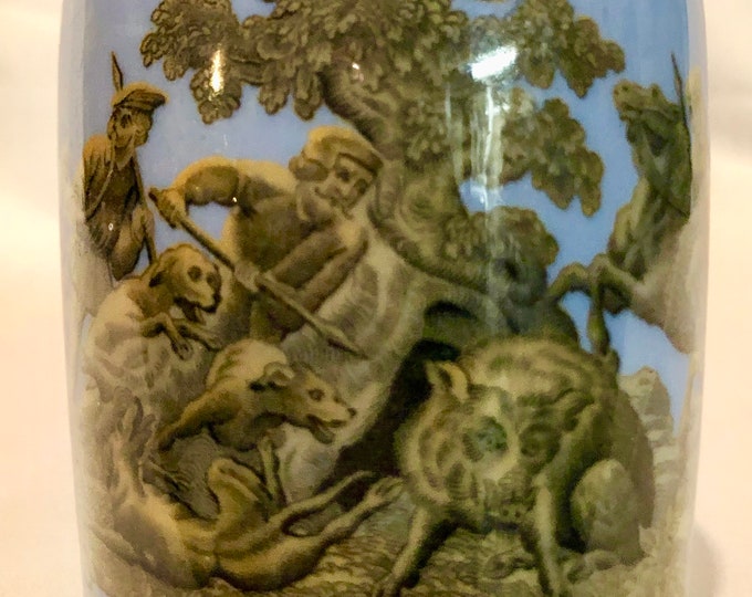 Blue Prattware Potted Meat/Mustard Jar Boar Hunt Scene Circa 1856