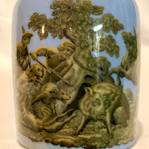 Blue Prattware Potted Meat/Mustard Jar Boar Hunt Scene Circa 1856