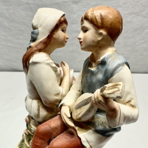Vintage Porcelain Music Box-Young Man Serenades a Young Lady with Mandolin