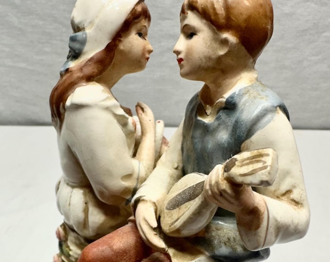 Vintage Porcelain Music Box-Young Man Serenades a Young Lady with Mandolin