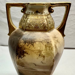 Antique Nippon Moriage Hand Painted Birds in Flight Gold Gilded Porcelain Vase with Handles Circa 1891-1911