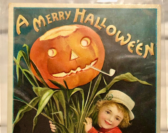 Vintage Ellen H Clapsaddle Halloween Postcard, Boy with Haystack and Jack O Lantern, Series No 978, Circa 1918, Unused