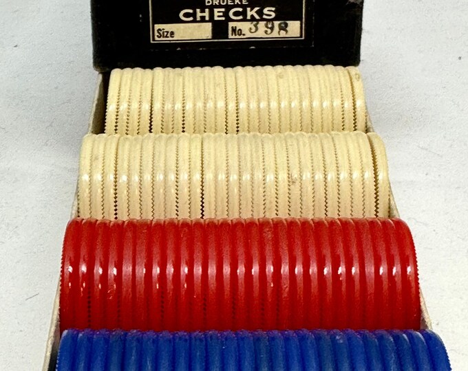 Vintage Drueke Checks/Poker Chips , Red,White,Blue 98 pieces in Original Black Cardboard Box No 398