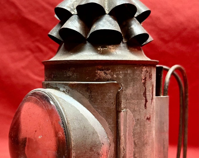 Vintage Metal Hand Held Oil Miners Lamp with Clear Glass Eye