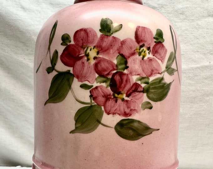 Vintage Pink Ceramic Table Lamp with Hand Painted Pink Flowers, Clear Glass Hurricane ,Brass Metal Accents