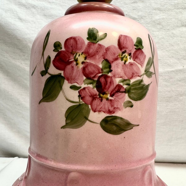 Vintage Pink Ceramic Table Lamp with Hand Painted Pink Flowers, Clear Glass Hurricane ,Brass Metal Accents