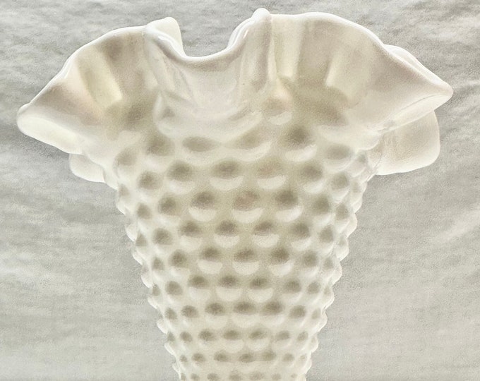 Vintage Fenton White Milk Glass Hobnail Vase with Ruffled Trumpet Edge