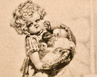 Vintage 1900s Easter Postcard: Sepia Sketch of Girl with Chicks