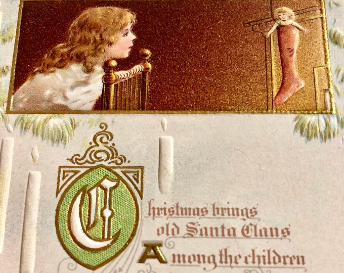 Vintage Christmas Postcard- Child peeking at Christmas Stocking