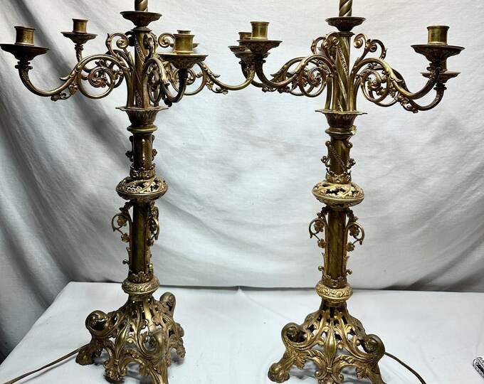 Vintage Gold/Brass Five Arm Candlabra Table Lamps-Set of Two