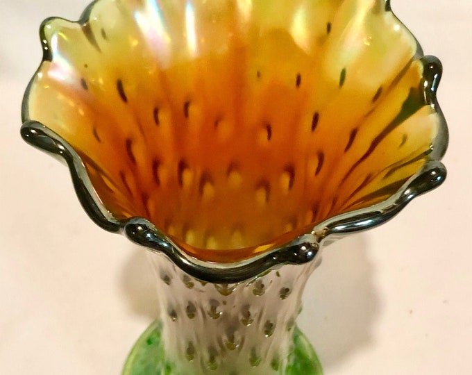 Antique Northwood Green/Amber Iridescent Carnival Glass Tree Trunk/Raindrop Vase