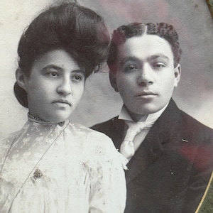 Vintage Victorian Black and White Wedding Couple Photo in Original Gold Painted Wood Oval Frame