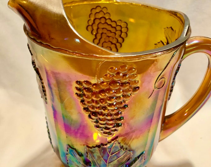 Vintage Amber/Marigold Grapes and Vines Carnival Glass Water/Juice Pitcher with Ice Lip