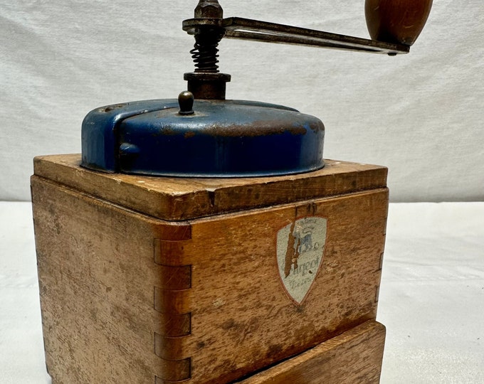 Vintage Peageot Wood and Blue Metal Coffee Grinder/Mill,France