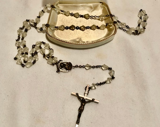 Vintage Clear Rosary/Prayer Beads with Original Cream Colored Hard Case