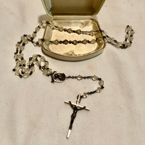 Vintage Clear Rosary/Prayer Beads with Original Cream Colored Hard Case