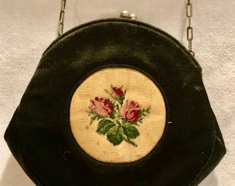 Vintage Ladies Black Satin Purse/Handbag Embroidered Rose Detail with Clasp and Chain Strap