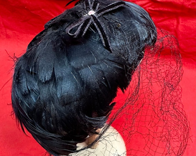 Vintage Ladies Black Feather Fascinator/Pill Box Hat with Black Netting and Hat Box