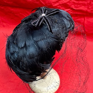 Vintage Ladies Black Feather Fascinator/Pill Box Hat with Black Netting and Hat Box