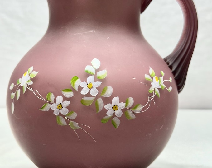 Vintage Purple Frosted Glass Decorative Juice/Water Pitcher with Hand Painted White Floral Design
