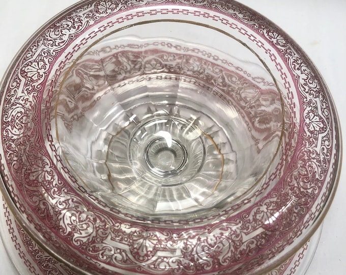 Vintage Tiffin Glass Gilded Rambler Rose Footed Compote Bowl and Underplate