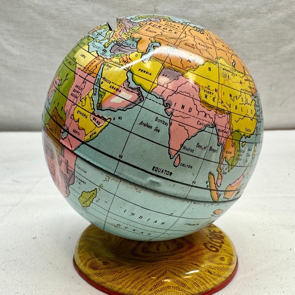 Vintage J Chein & Co Metal/Tin Globe/World Savings Bank