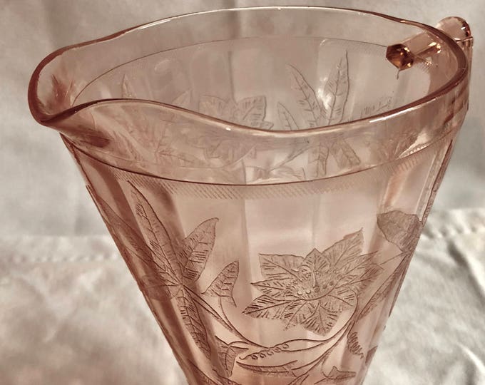 Antique Blush Pink Floral Passiflora/Passion Flower/Poinsettia Depression Glass Pitcher- Jeannette Glass Co 1931-1934