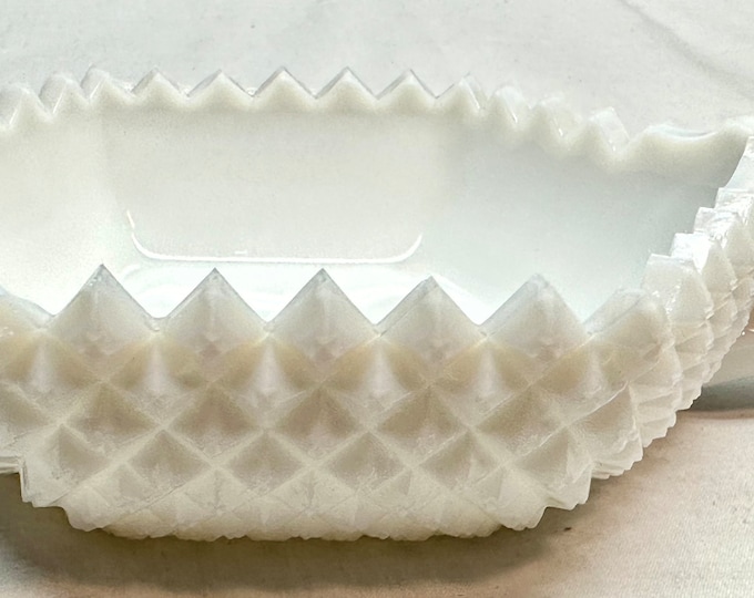 Vintage White Milk Glass Octagonal Diamond Cut Handle Serving Dish