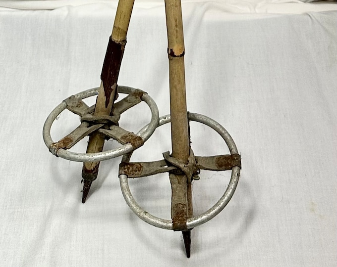 Vintage Antique Snowshoe/ski Bamboo Poles With Aluminum Leather Rattan Basket Grip Etsy