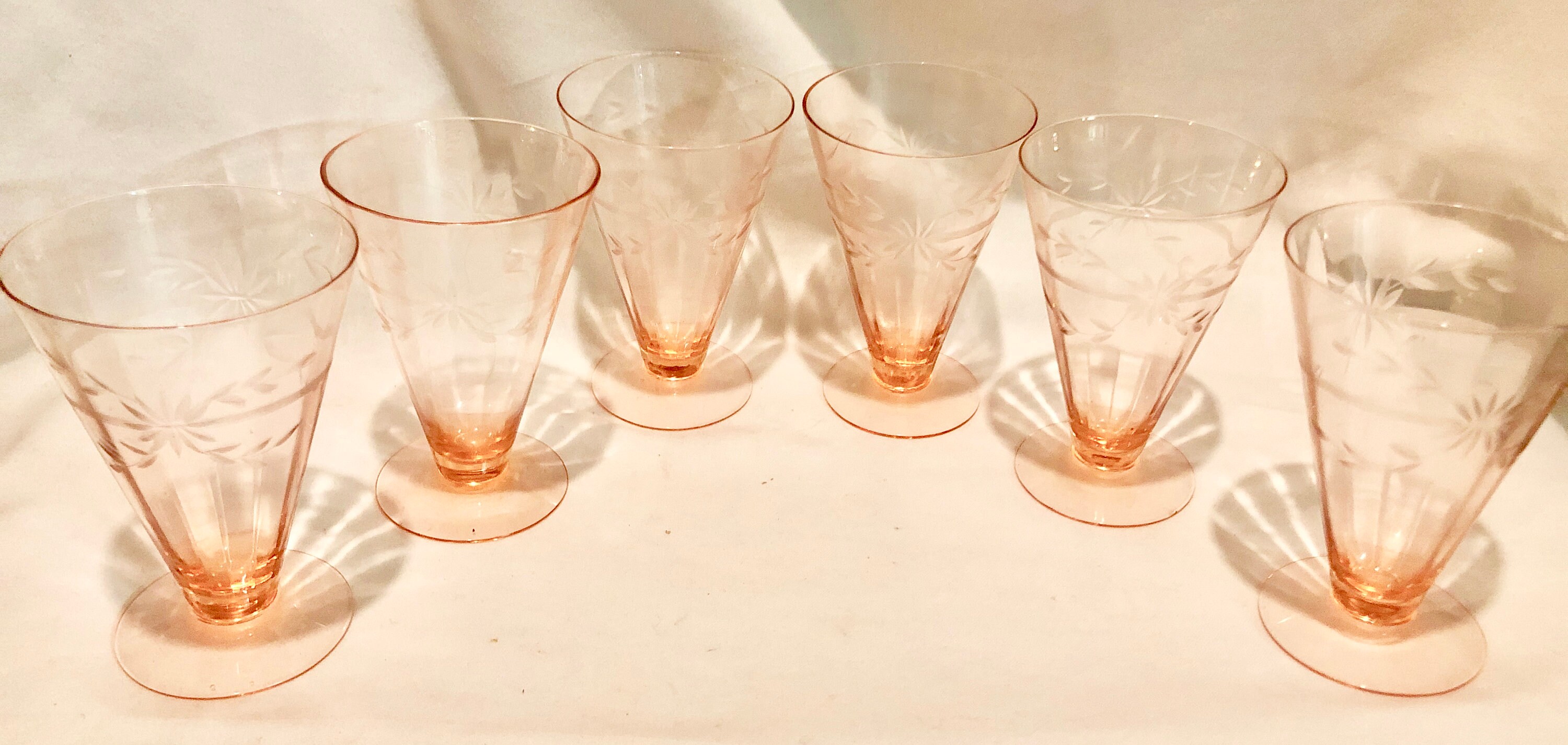 Vintage Blush Pink Depression Glass Etched Parfait Glasses Set of Six