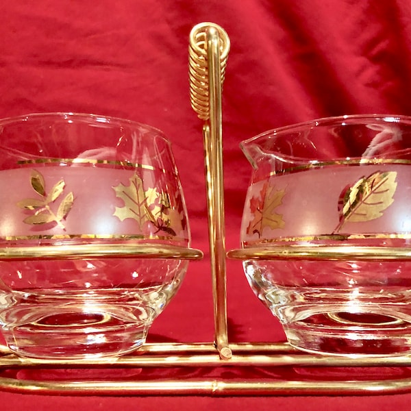 Libbey Glascreme und Zucker Set, gefrostet Band mit Gold Blätter und Gold Metall Servierträger