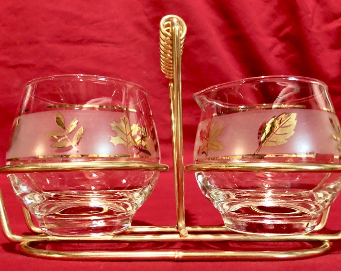 Libbey Glass Cream and Sugar Set, Frosted Band with Gold Leaves and Gold Metal Serving Carrier