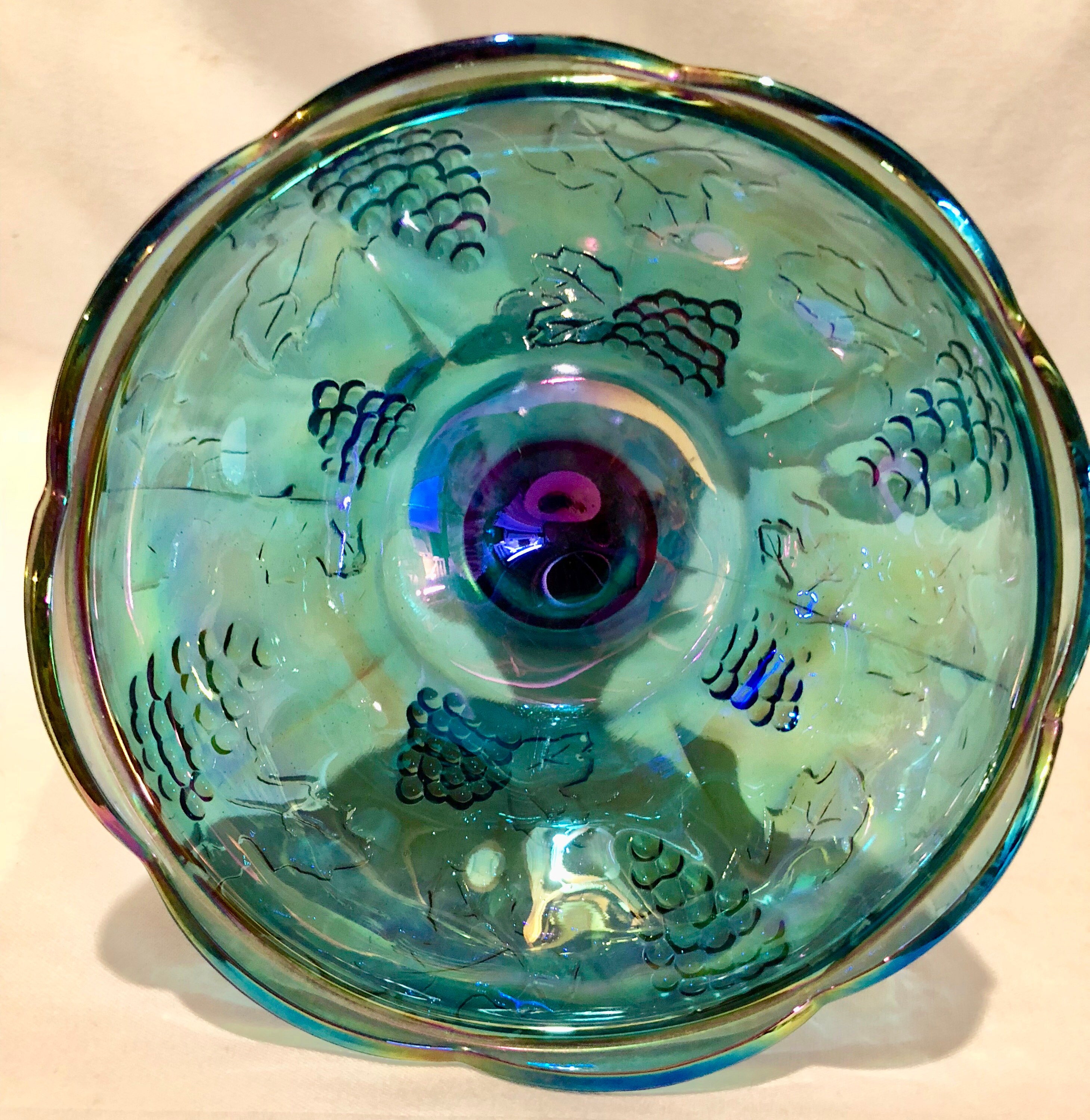 Antique Iridescent Blue Carnival Glass Grapevine Pattern Pedestal Candy